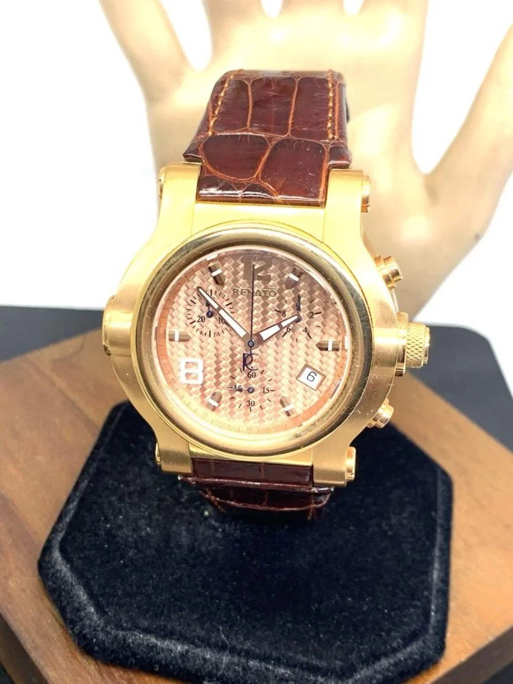 Renato Men's Watch Swiss Quartz Chronograph Rose Gold Steel Brown Leather 45mm